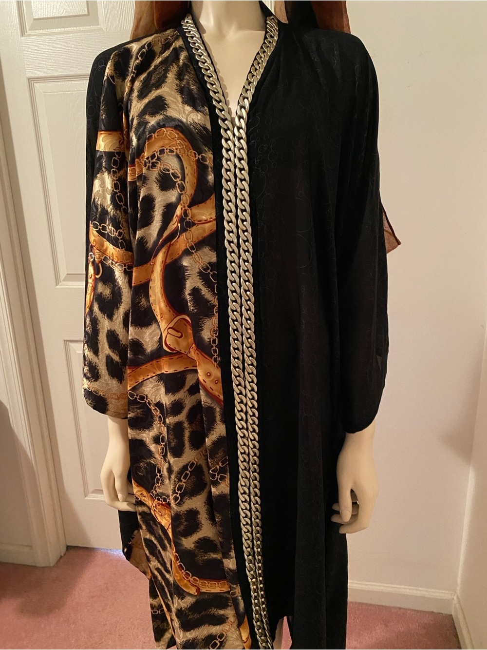 Malachite Black Satin Caftan with Branded chain. Made in Dubai